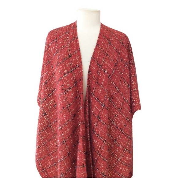 Chico’s One Size Shawl Wrap Red Plaid Fringe Classic - Picture 4 of 8